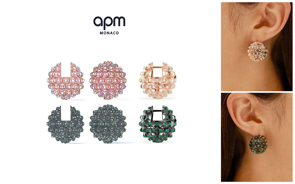 APM Monaco small Black and Rose Gold Hedgehog Earring drawing designed by Bastien Carsana, featuring green and white spinels.