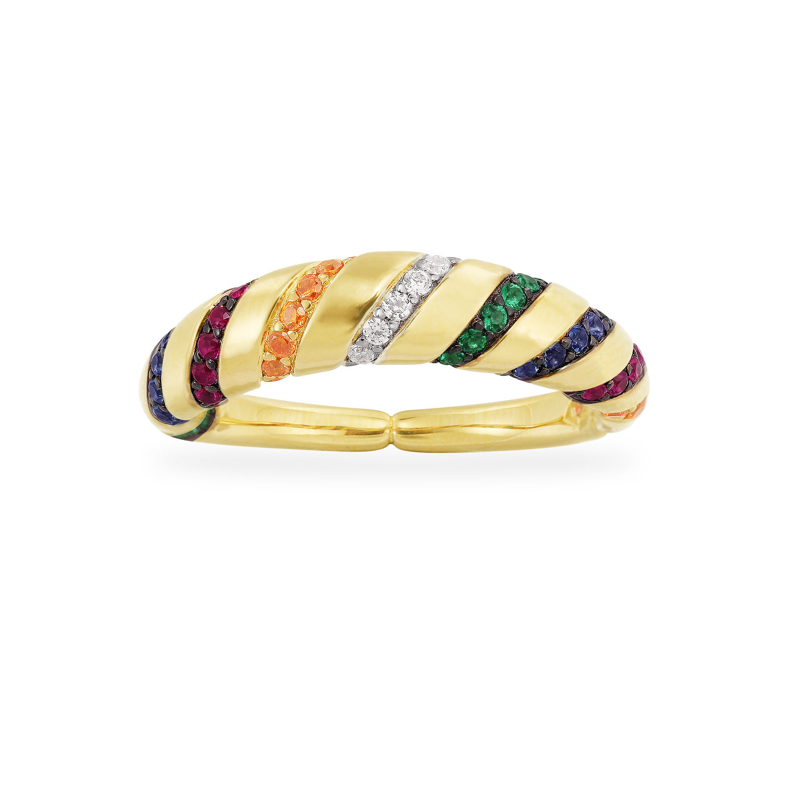 APM Monaco thick tribal straps Gold Ring created by Bastien Carsana with white, blue, orange, green, burgundy zirconia stones