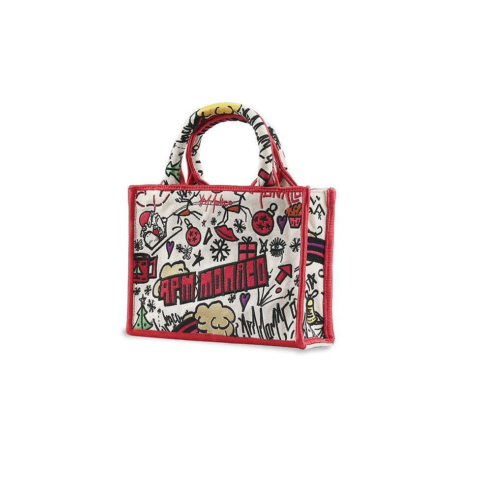 APM Monaco Christmas mini canvas tote bag designed by Bastien Carsana, with festive red, purple, green & gold embroideries.