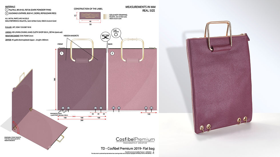 Purple Cosfibel Premium PU flat double tote bag tech pack with zippers fixed by gold metallic eyelets by Bastien Carsana