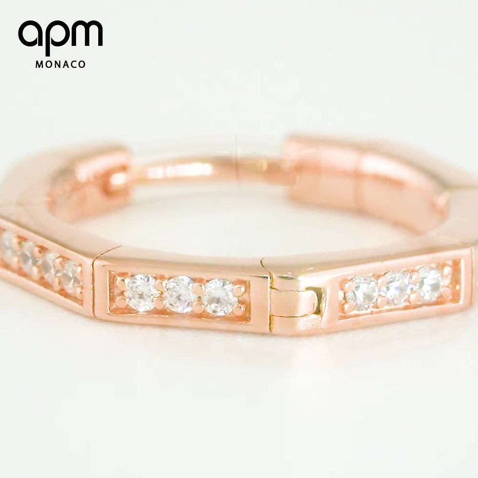 Thumbnail: APM Monaco Rose Gold minimal earring designed by Bastien Carsana with clear pave cubic zirconia detailing.