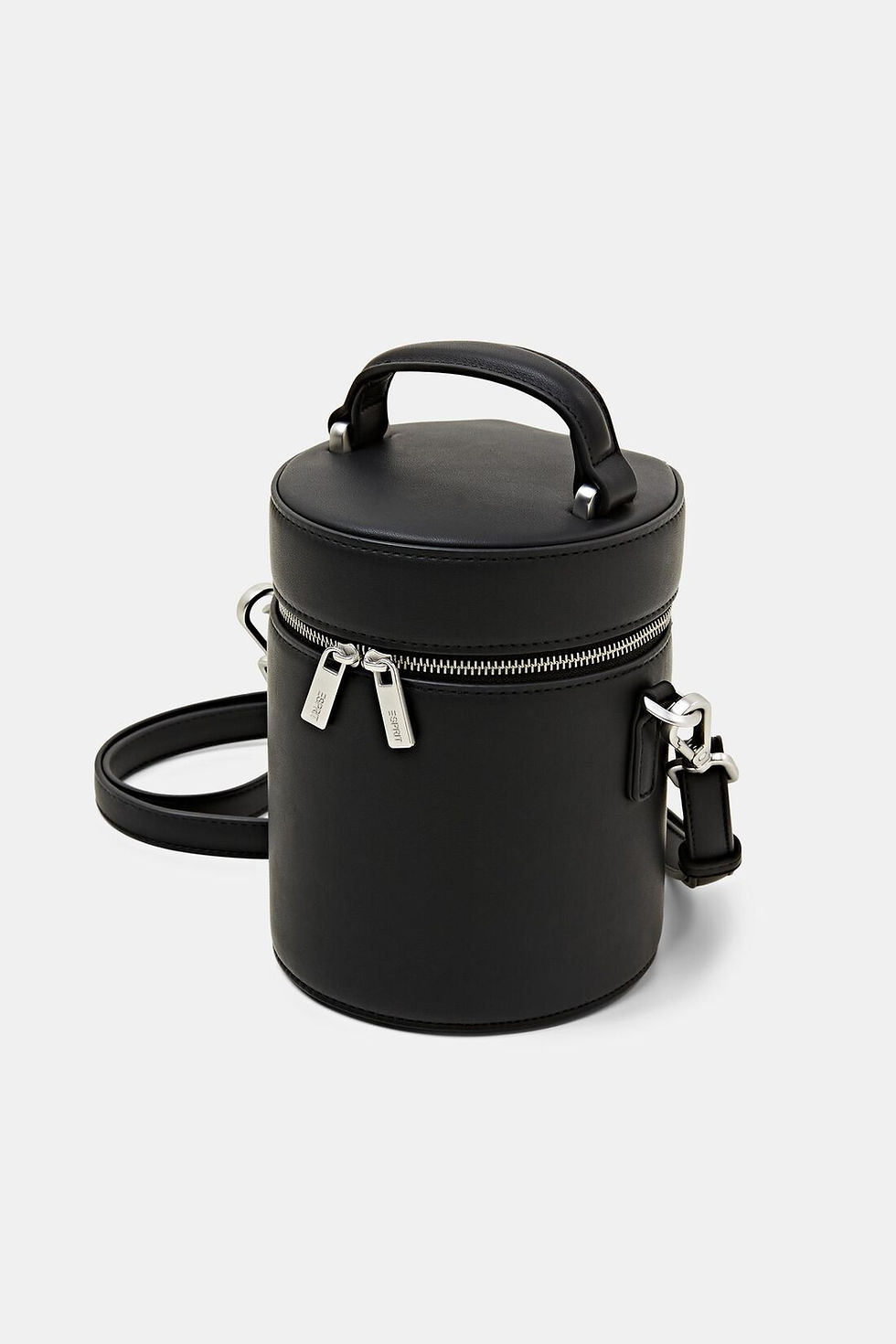 Thumbnail: ESPRIT black leather bucket bag for women, designed by Bastien Carsana, with a cylindrical shape, a top handle, & zip closure
