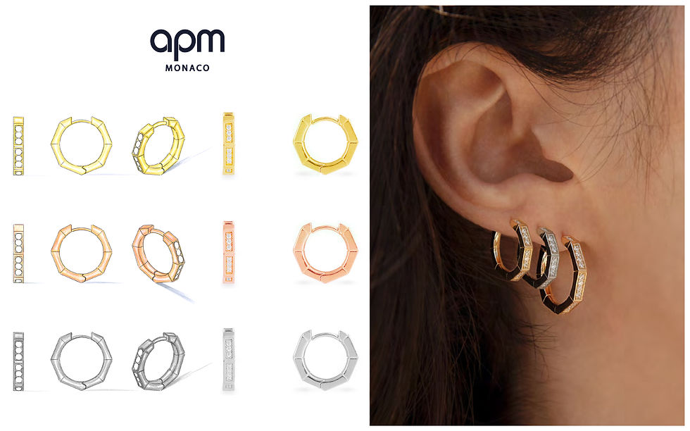 APM Monaco Gold, Rose, Silver minimal earring drawings designed by Bastien Carsana with clear pave cubic zirconia detailing.