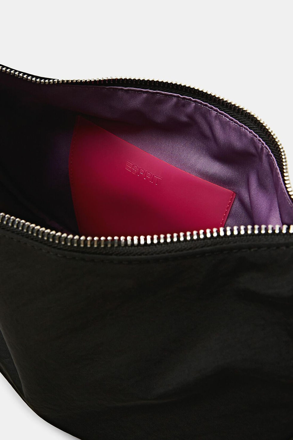 Thumbnail: ESPRIT Black crescent crossbody bag designed by Bastien Carsana, featuring a sleek design and a contrasting pink neon zipper