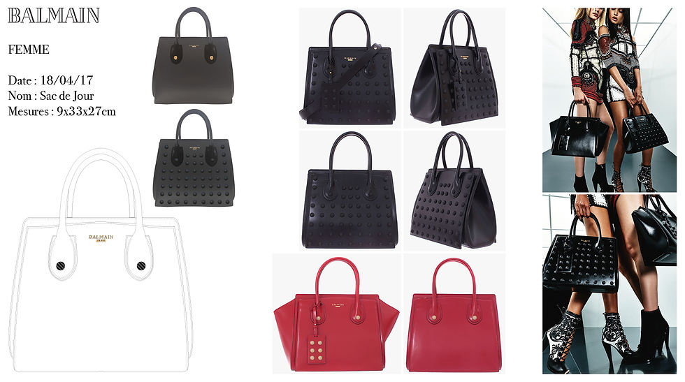 Thumbnail: Black & Red Calfskin Leather Balmain Evening Handbag with foldable gussets & gold metallic studs designed by Bastien Carsana