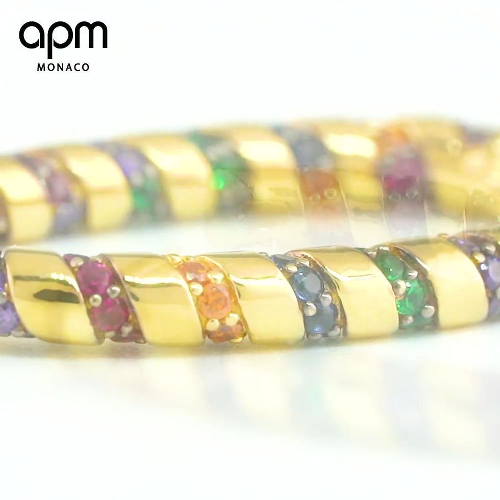 Thumbnail: APM Monaco long tribal straps Gold earring by Bastien Carsana with dark blue, orange, green, burgundy, purple zirconia stones
