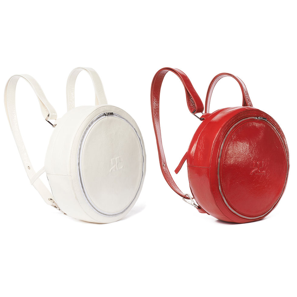 Courrèges Off-White & Red Round Backpack designed by Bastien Carsana in Glossy & Grained PU with circular front zip closure