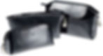 Christian Dior black glossy cosmetic makeup pouches designed by Bastien Carsana, with debossed logos on PU