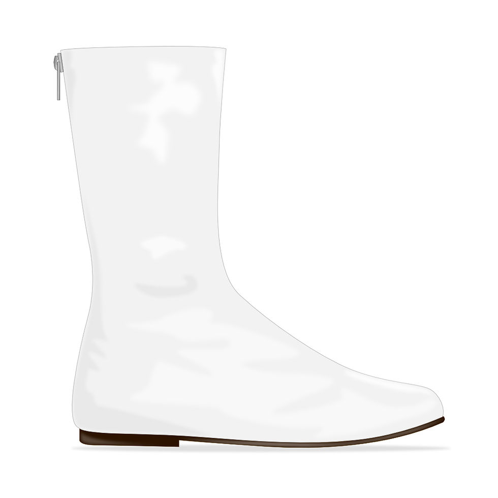 Thumbnail: Minimal glossy white Courrèges high boots drawings in PU by Bastien Carsana, featuring a zipper closing system at the back