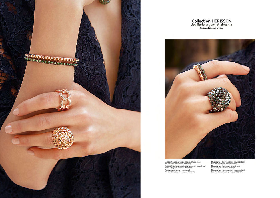Thumbnail: APM Monaco big Black and Rose Gold Hedgehog rings designed by Bastien Carsana, featuring green and white spinels.