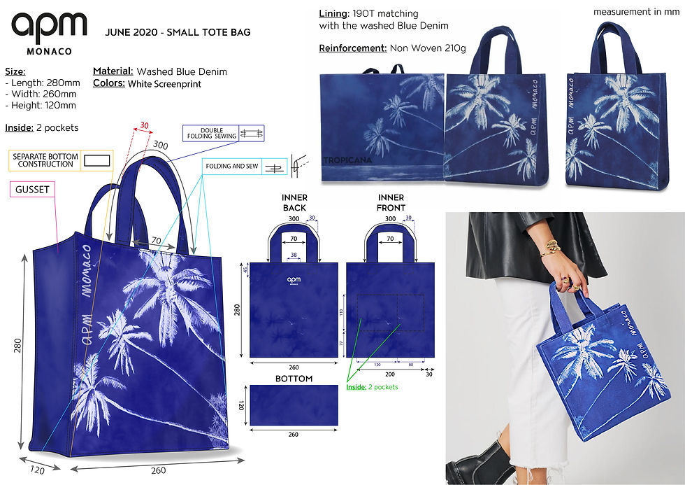 APM Monaco blue mini canvas tote bag tech pack designed by Bastien Carsana, featuring a faded white print of palm trees.