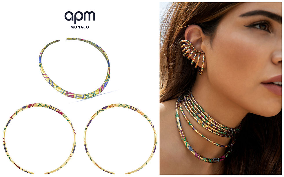 APM Monaco multicolor thick tribal gold choker drawings designed by Bastien Carsana with vibrant colorful gemstone patterns.