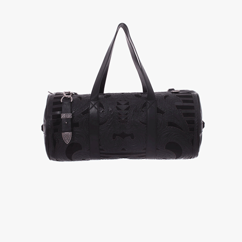 Black Leather Calfskin Balmain Duffle Bag with Perforated Western Patterns designed by Bastien Carsana.