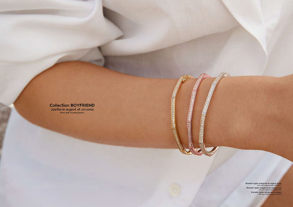 Thumbnail: APM Monaco Gold, Rose, Silver minimal bangle designed by Bastien Carsana with clear pave cubic zirconia detailing.