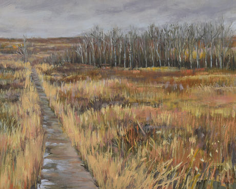 Oil landscape painting of late fall walking path with grasses by Canadian landscape painter, Cindy Bouwers
