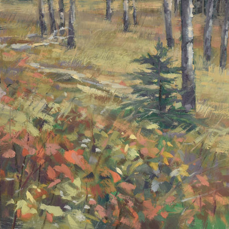 Oil landscape painting of fall hike trail with autumn colour 