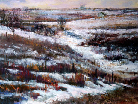 acrylic landscape painting of snow covered gully on ranch land and rustic white barn 