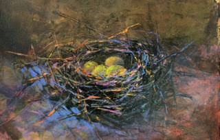 Nest Series
acrylic painting on paper of nest with 4 yellow eggs, heavy texture and rich blue accent, symbol of gratitude by Canadian painter, Cindy Bouwers