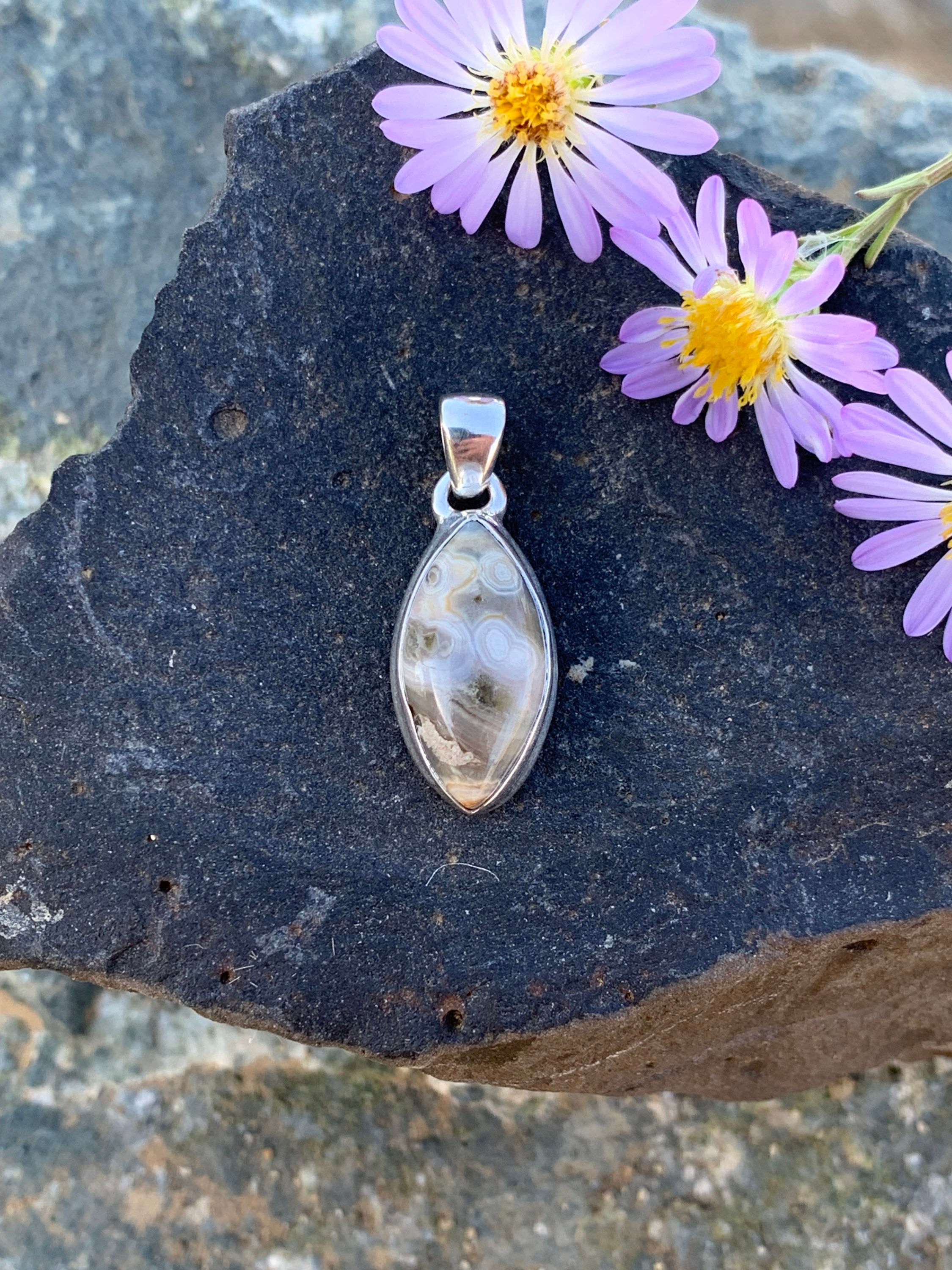 Ocean Jasper Marquise Pendant Solid Sterling Silver 925 Stamped 