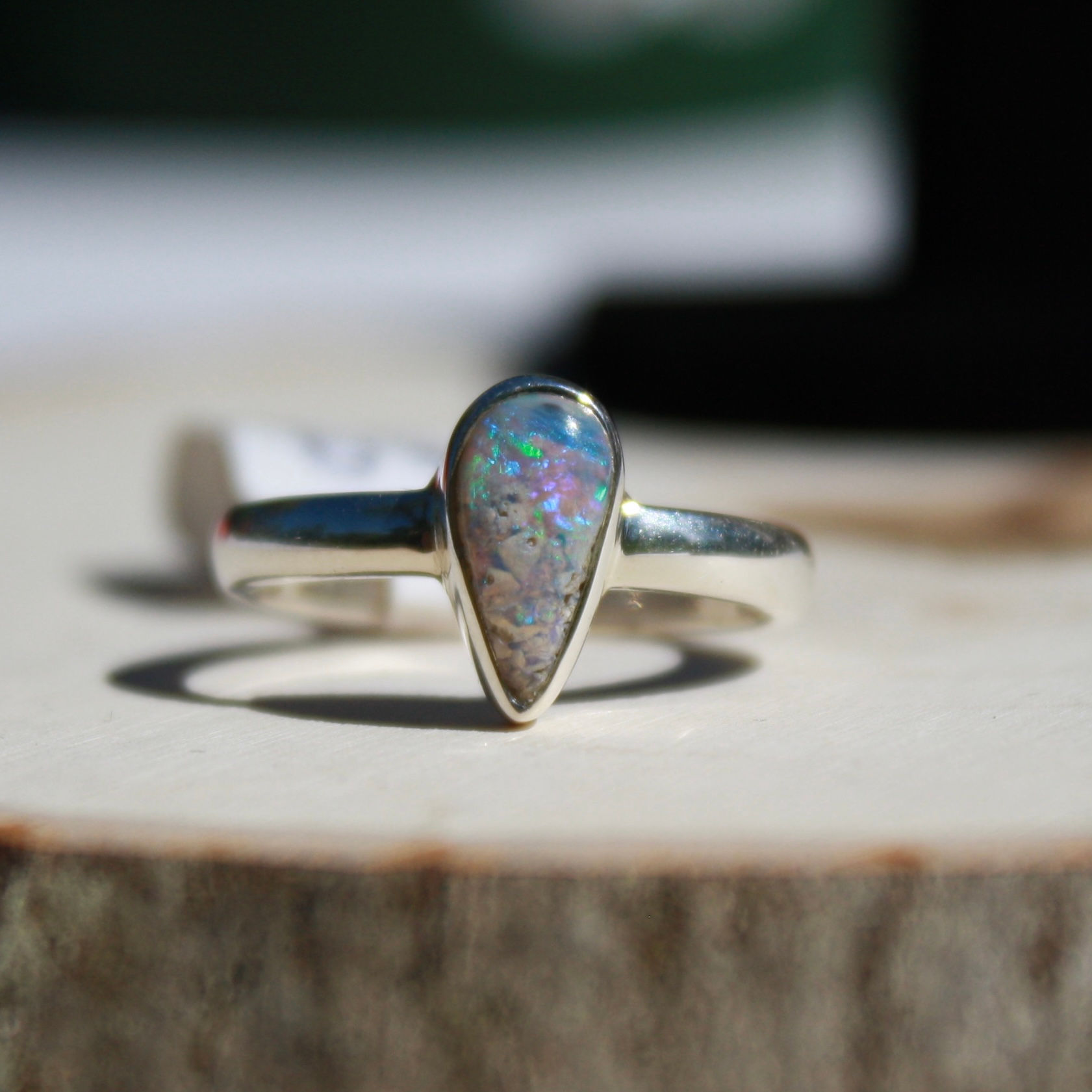 Australian Boulder Opal Sterling Silver Ring Size 7.5 Brilliant Green Blue Flash