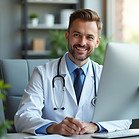 Flux_Dev_A_young_white_doctor_in_a_modern_clinic_sitting_at_hi_1.jpeg