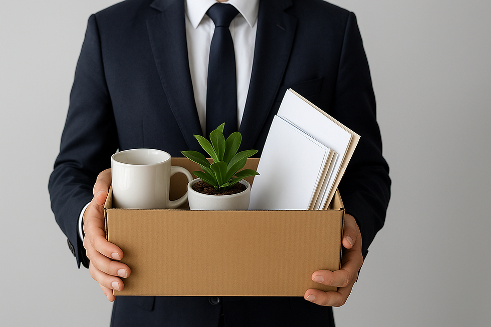 Un dipendente in giacca e cravatta con una scatola con i suoi oggetti personali