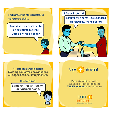 Audiodescrição: Quatro quadros amarelos formando uma história em quadrinhos. Quadro 1. Texto: Enquanto isso em um cartório de registro civil… Balão de fala do servidor do cartório: Parabéns pelo nascimento do seu primeiro filho! Qual é o nome do bebê? Quadro 2: O pai entrega um papel para um servidor. Há um balcão de atendimento e um computador entre eles. Balão de fala do pai: É Celso Pretório! Escutei esse nome um dia desses na televisão. Achei bonito! Quadro 3. Texto: 1 - use palavras simples. Evite siglas, termos estrangeiros. Que tal dizer: Supremo Tribunal Federal ou Suprema Corte. Quadro 4. Texto: Seja mais simples. Para Para simplificar mais, acesse a comunidade do TJDFT+simples no Yammer. Logomarca do TJDFT+simples. Falamos a sua língua.