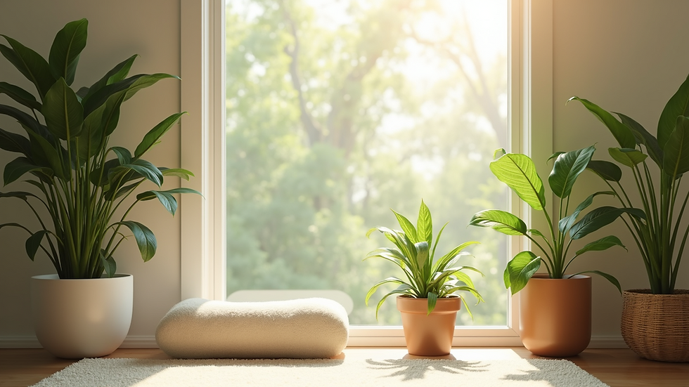 Eye-level view of a serene wellness space with plants and natural light