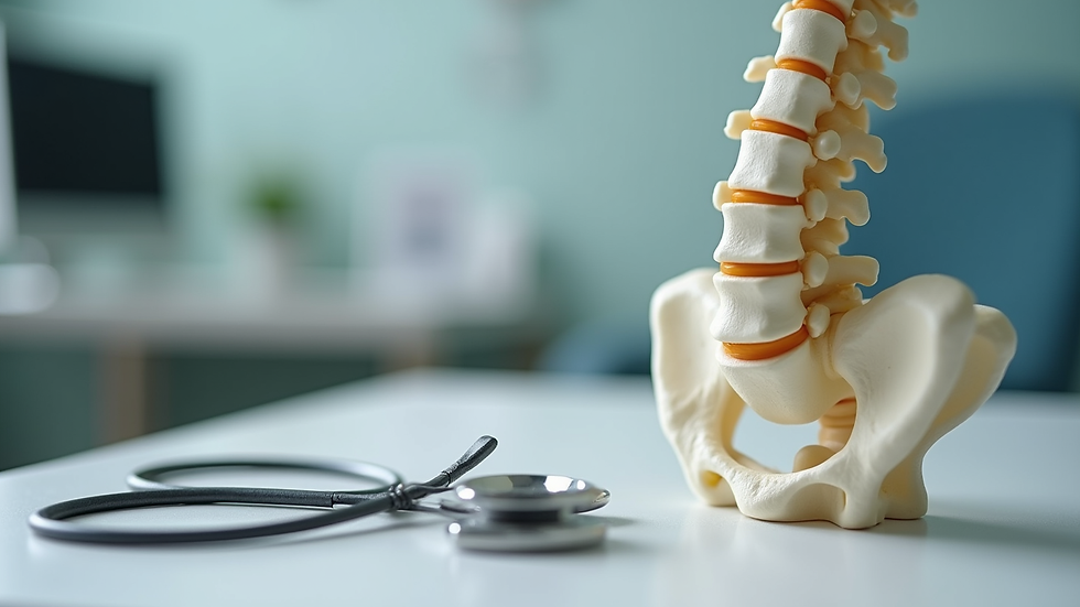 Close-up view of chiropractic tools and spine model on a clinic desk