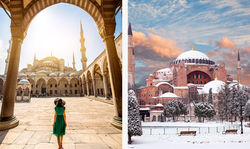mulher-passeando-em-Istambul-e-paisagem-da-Hagia-Sophia-no-inverno