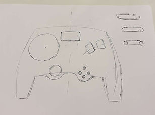 Sketch of final version layout for the Milantec Thumpdrive simracing controller with labeled controls and features and full wireless FFB (force feedback)
