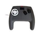 Milantec Thumpdrive wireless force feedback controller prototype with steering wheel, OLED screen, and control buttons