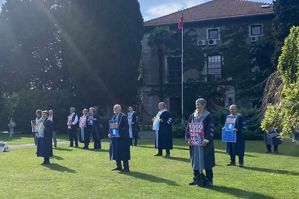 Boğaziçi University academics on the 1000th day of their protest vigil against the appointment of a trustee rector to their institution by the government, November 18, 2023. Photo Credit: Middle East Eye