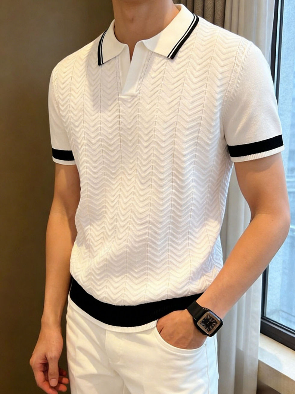 Thumbnail: Summefashion Patchwork Knitted Polo Shirts Men Business Casual Turn Down Collar 
