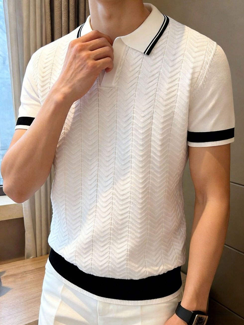 Thumbnail: Summefashion Patchwork Knitted Polo Shirts Men Business Casual Turn Down Collar 