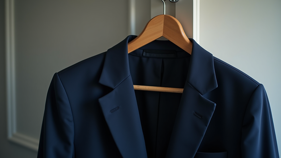 Close-up of a navy blazer hanging on a wooden hanger