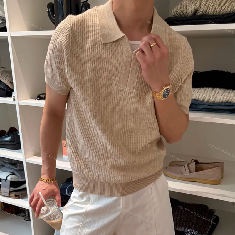 Thumbnail: Fashionable Simple Solid Color Knit Polo Shirt Men Summer Short Sleeve Knitted T