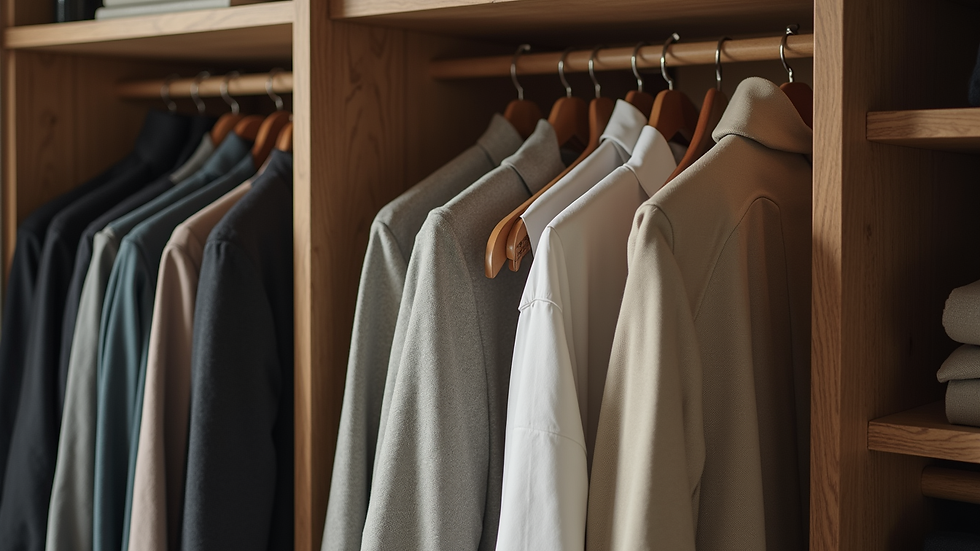 Eye-level view of a neatly arranged wardrobe with neutral-colored men's clothing