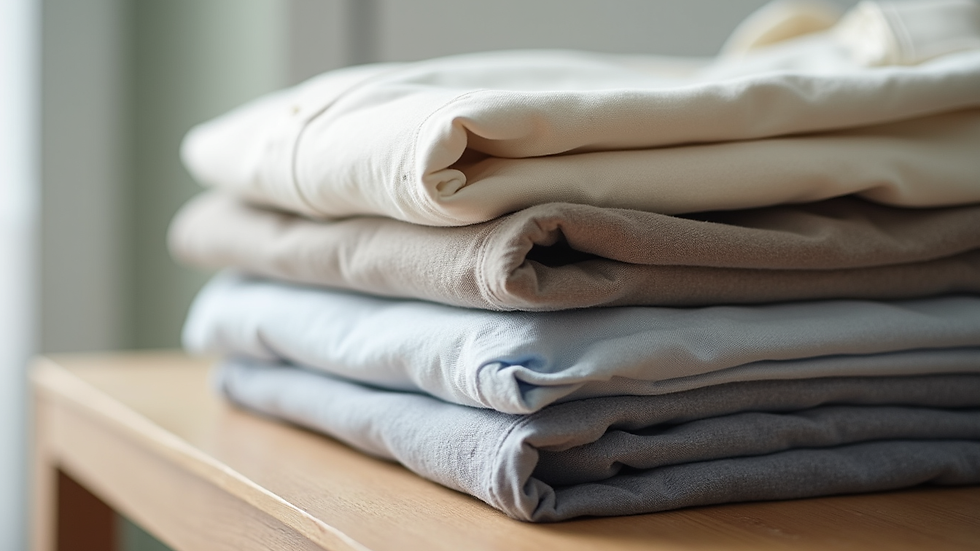 Close-up view of a neatly folded stack of classic men's shirts in neutral colors