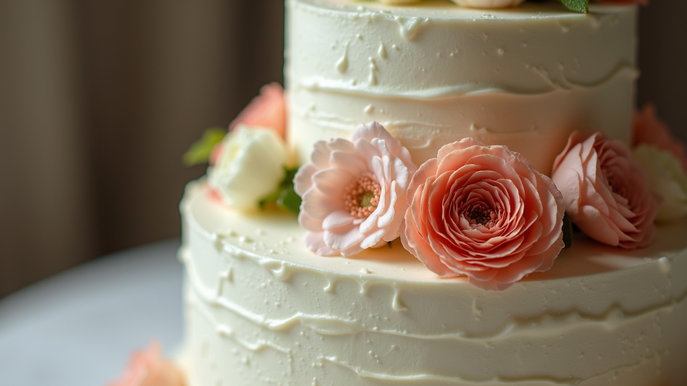 Close-up view of a wedding cake adorned with flowers