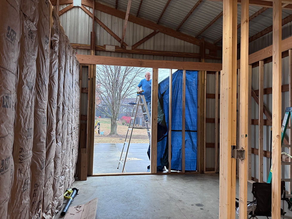 Man on ladder adjusts blue tarp in wooden frame of a building. Insulated walls on left, bare framework on right. Outside, tree and yard visible.