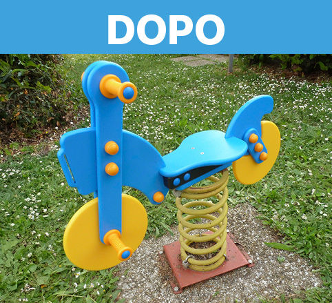 Gioco a molla a forma di moto "DOPO" riparato, parco giochi MyFunGiochi