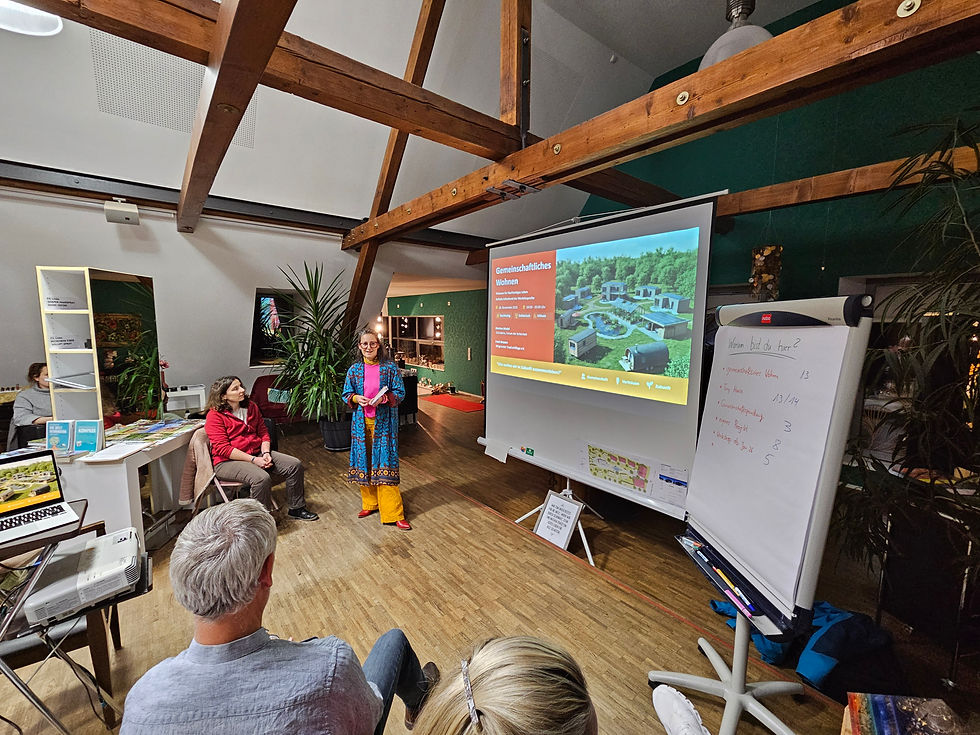 Menschen sitzend bei einem Vortrag mit Projektor und Folie zum Thema Gemeinsames Wohnen in einem Siedlungsprojekt