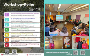 Eine Collage mit Menschen bei einem Workshop, in einem Stuhlkreis, in einem bunten Raum in Regenbogenfarben