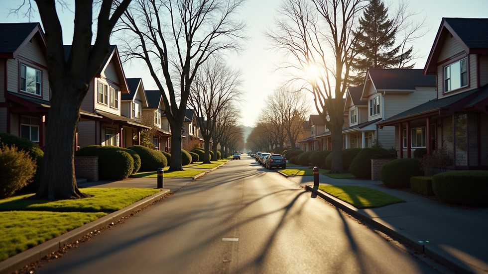 Wide angle view of a quiet residential street near University of Washington