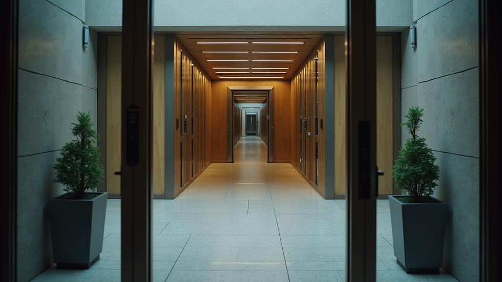 Eye-level view of a secure apartment building entrance with controlled access
