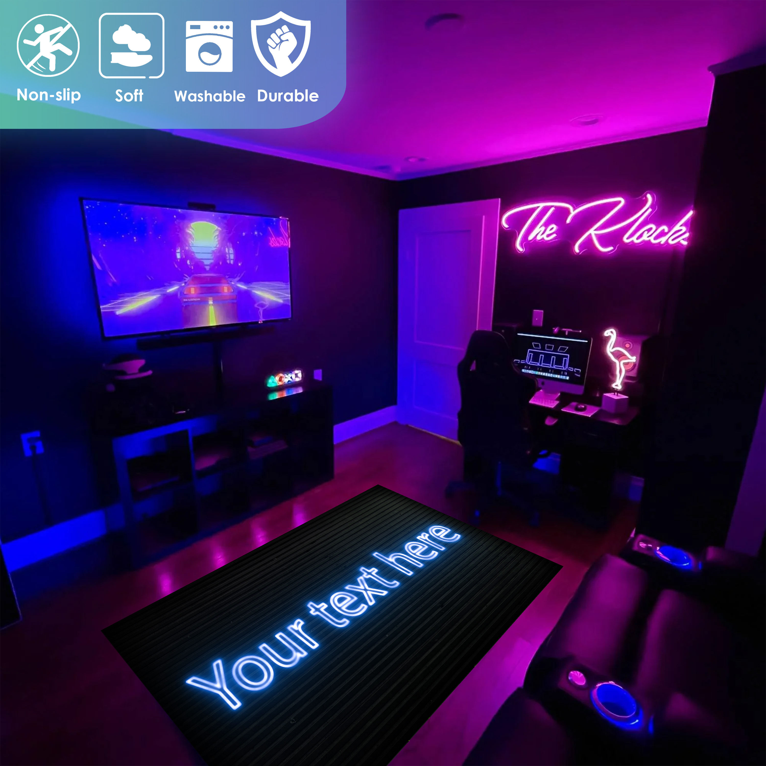 Custom Nickname Neon Gamer Room Rug