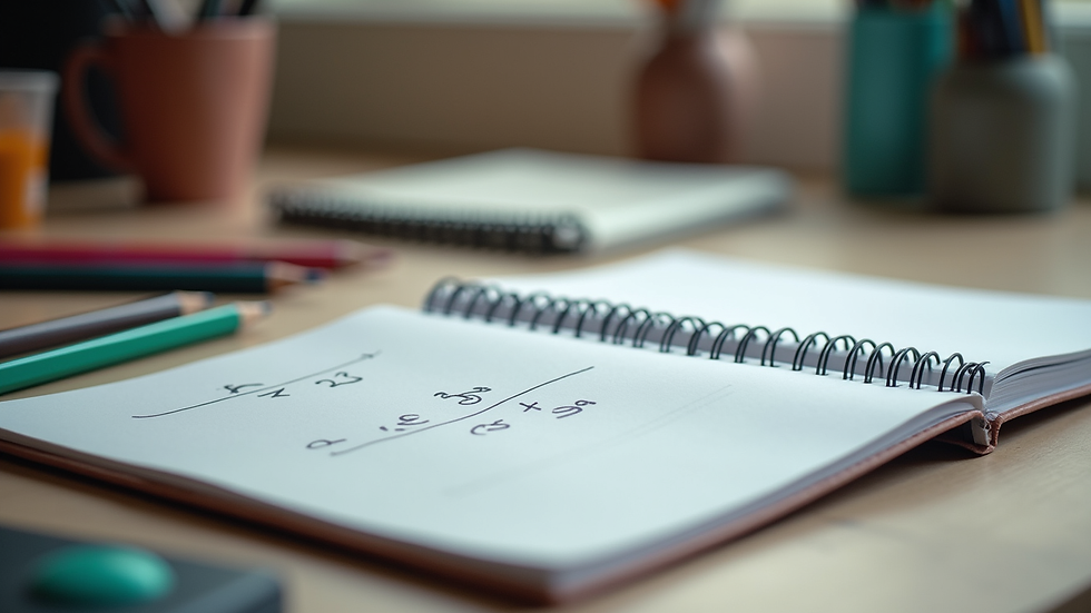 Eye-level view of a desk with art supplies and a notebook with math equations