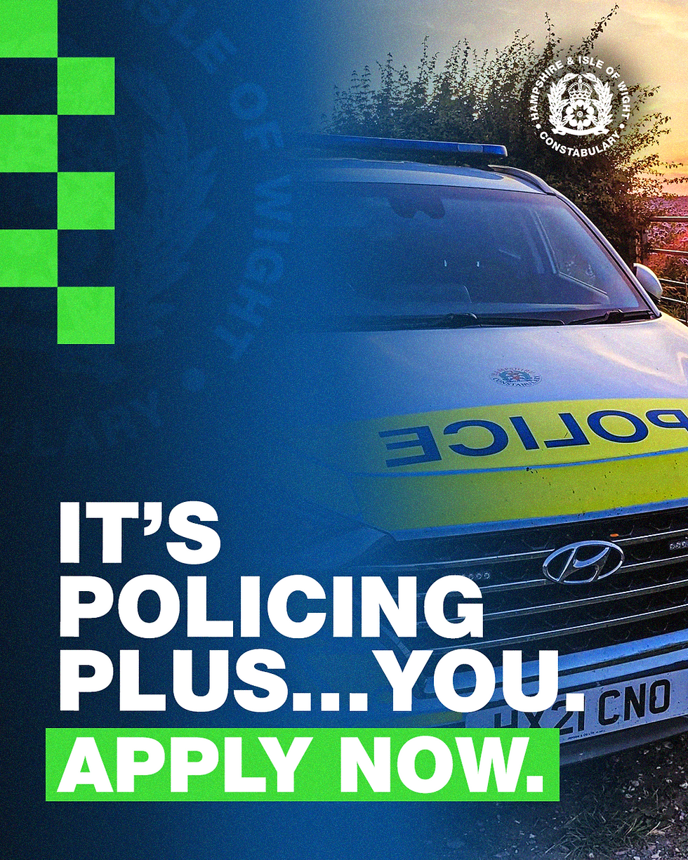 It's Policing Plus... You. Apply now. Hampshire & Isle of Wight Constabulary recruitment static with a police car