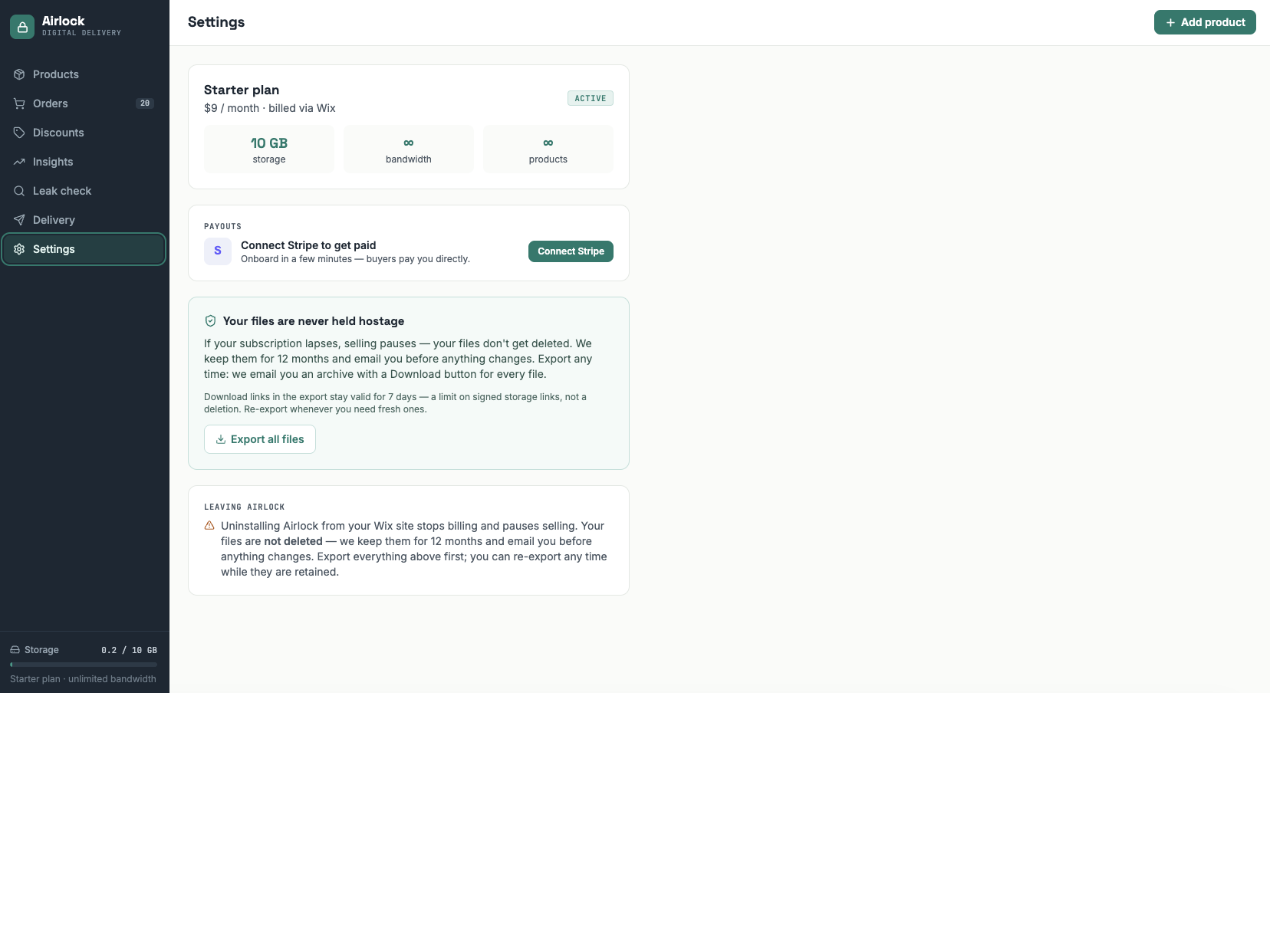 Sell Digital Downloads settings interface — Apps for Stores app on the Wix App Market